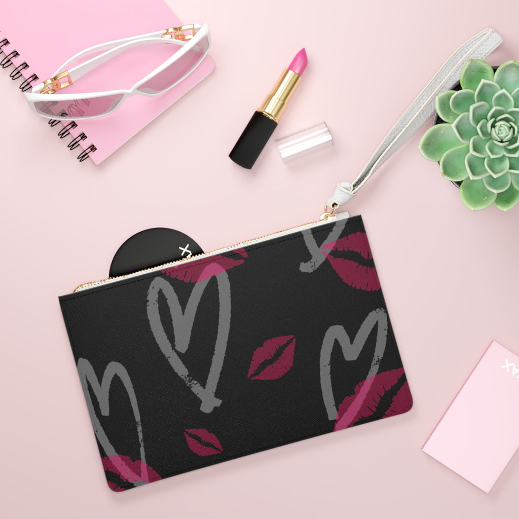 Kiss & Hearts Clutch Bag — Lip Print Wristlet Purse