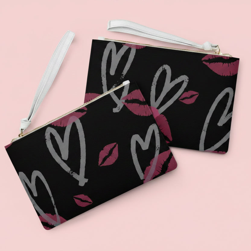 Kiss & Hearts Clutch Bag — Lip Print Wristlet Purse