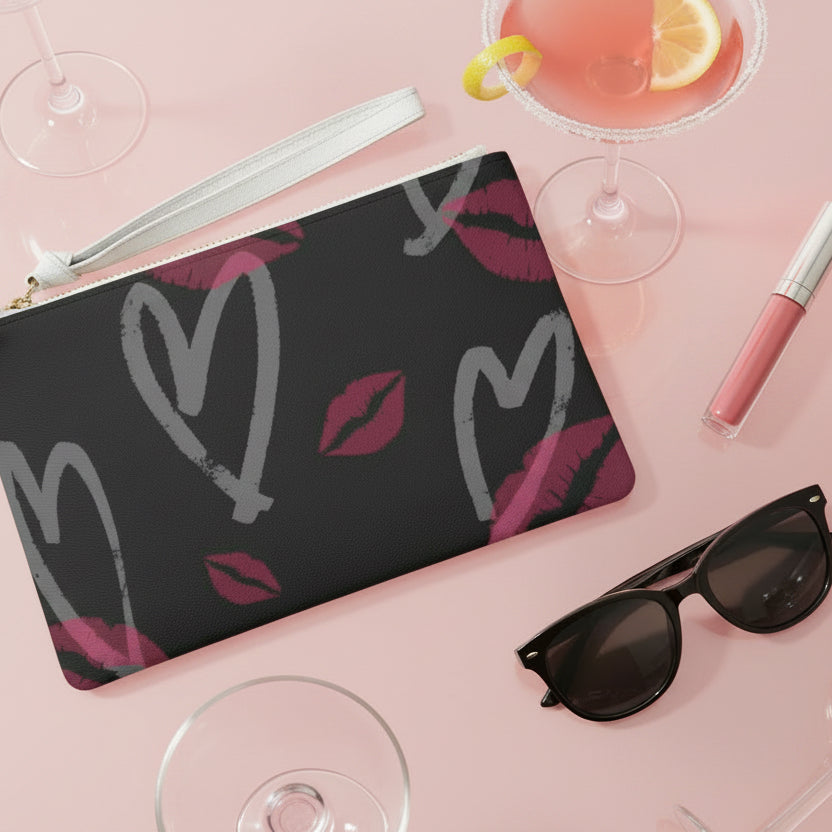 Kiss & Hearts Clutch Bag — Lip Print Wristlet Purse
